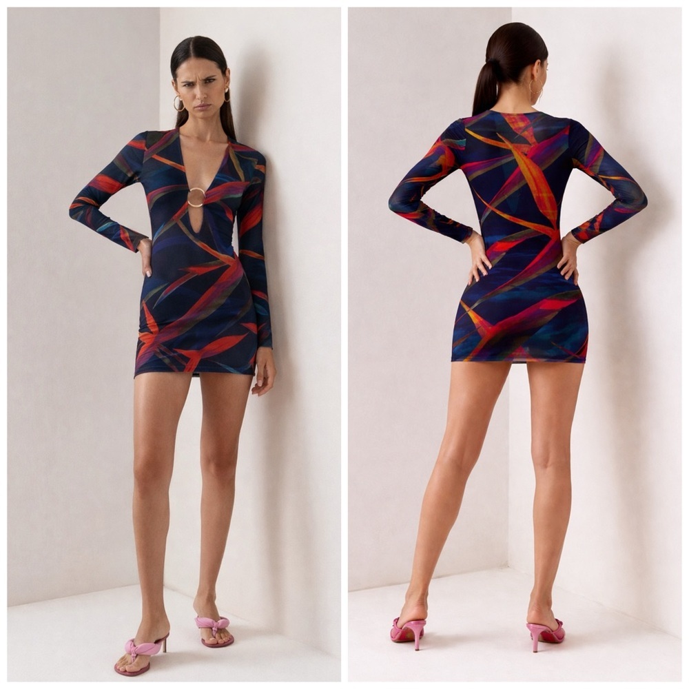 Louisa Ballou Helios Mesh Mini Dress Gold Ring Detail Long Sleeve Tropical Print